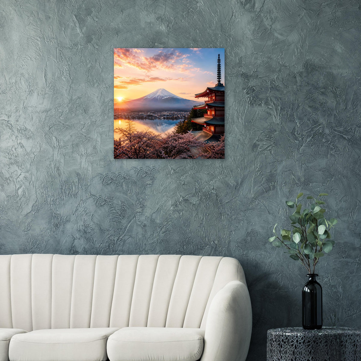 Fuji-Panoramaposter mit Pagode und Kirschblüten im Abendlicht