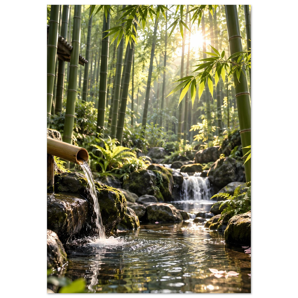 Poster mit Wasserfall im Bambuswald: Steine, Wasserlauf und grüne Blätter im Licht
