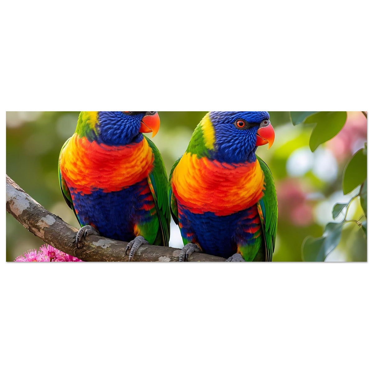 Panoramahafter Posterabschnitt mit zwei Regenbogenlori auf Ast, blau-orange, pinke Blüten