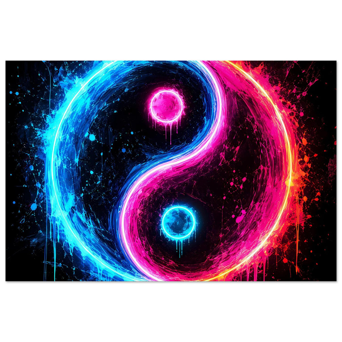 Neon-Yin-Yang-Poster, Nahansicht der leuchtenden Blau- und Pink-Schalen mit Spritzdekor.