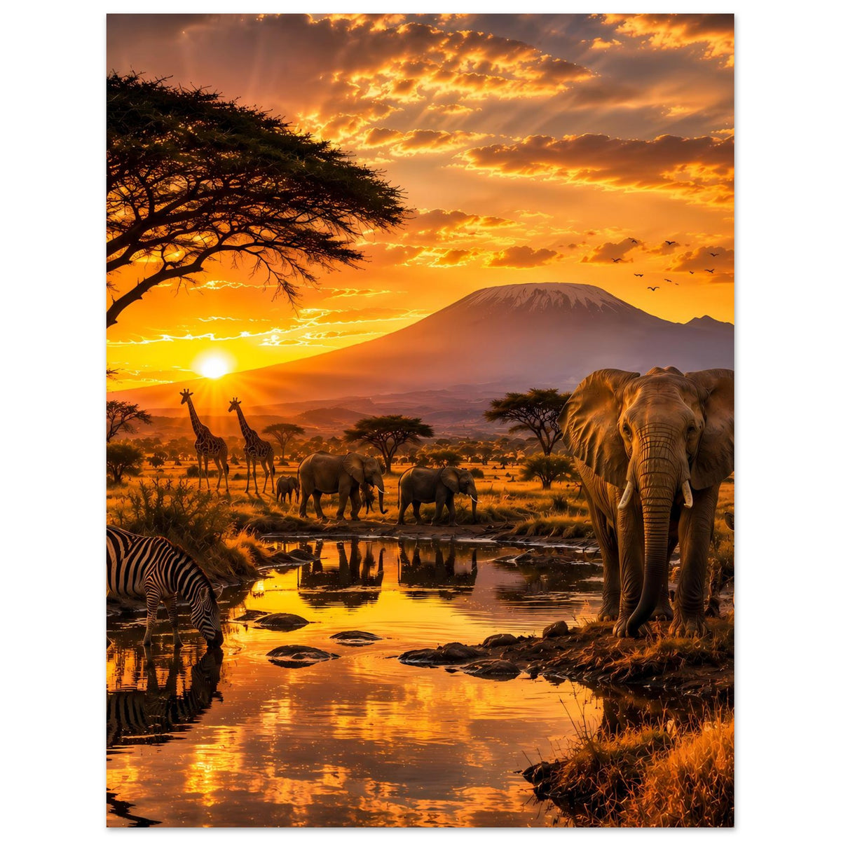 Premium-Poster mit afrikanischen Wildtieren bei goldener Abendsonne: Elefant, Zebras, Giraffen