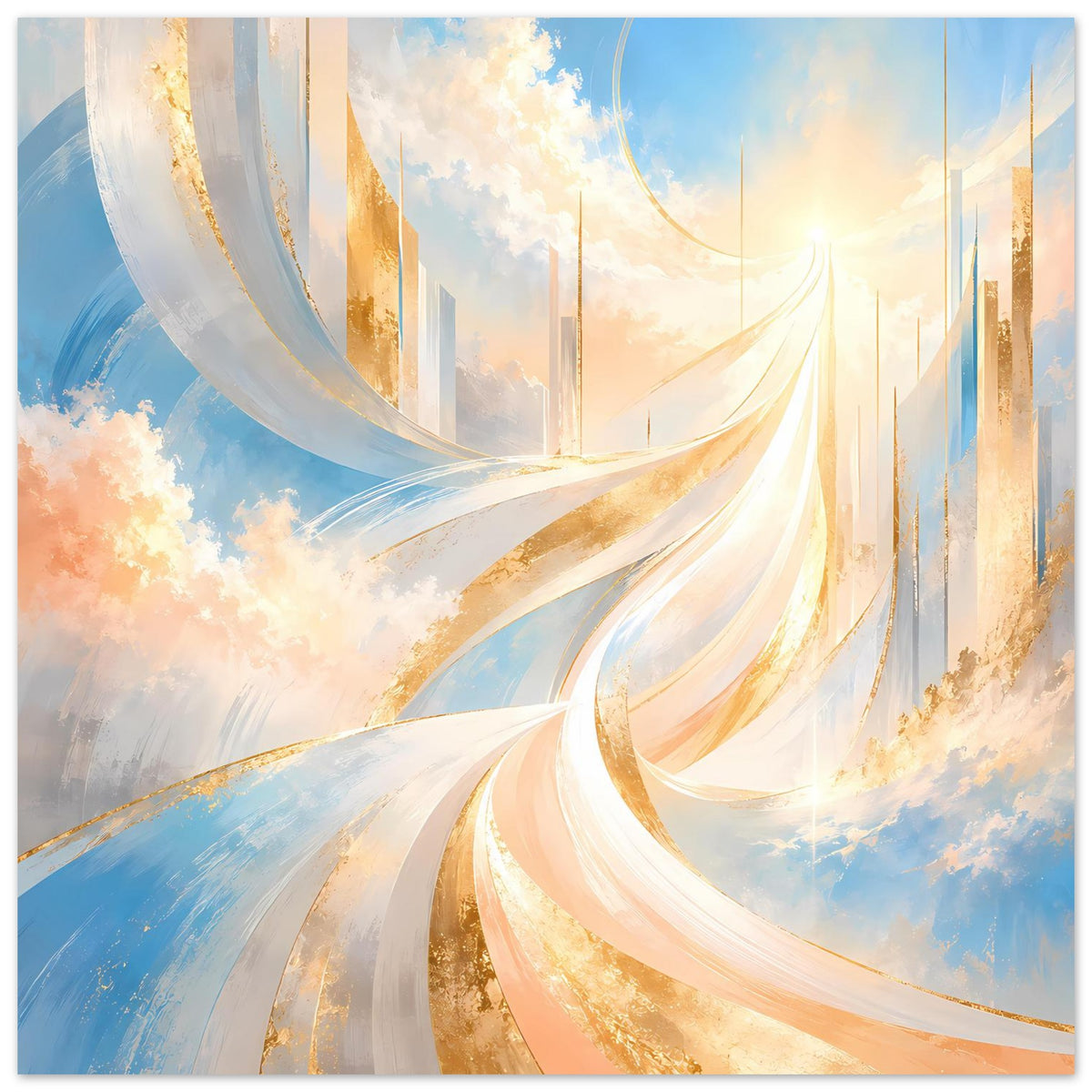 Abstraktes Poster mit gold-weißen Wellen und blauem Himmel, von oben her beleuchtet