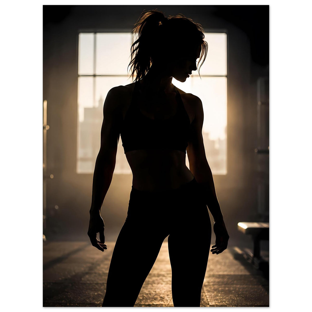 Fitness-Poster mit dunkler Silhouette einer Sportlerin, Ganzkörperansicht mit Profil