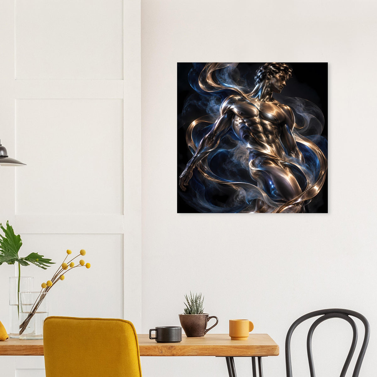 Quadratisches Poster im schwarzen Rahmen mit gold-silberner abstrakter Skulptur