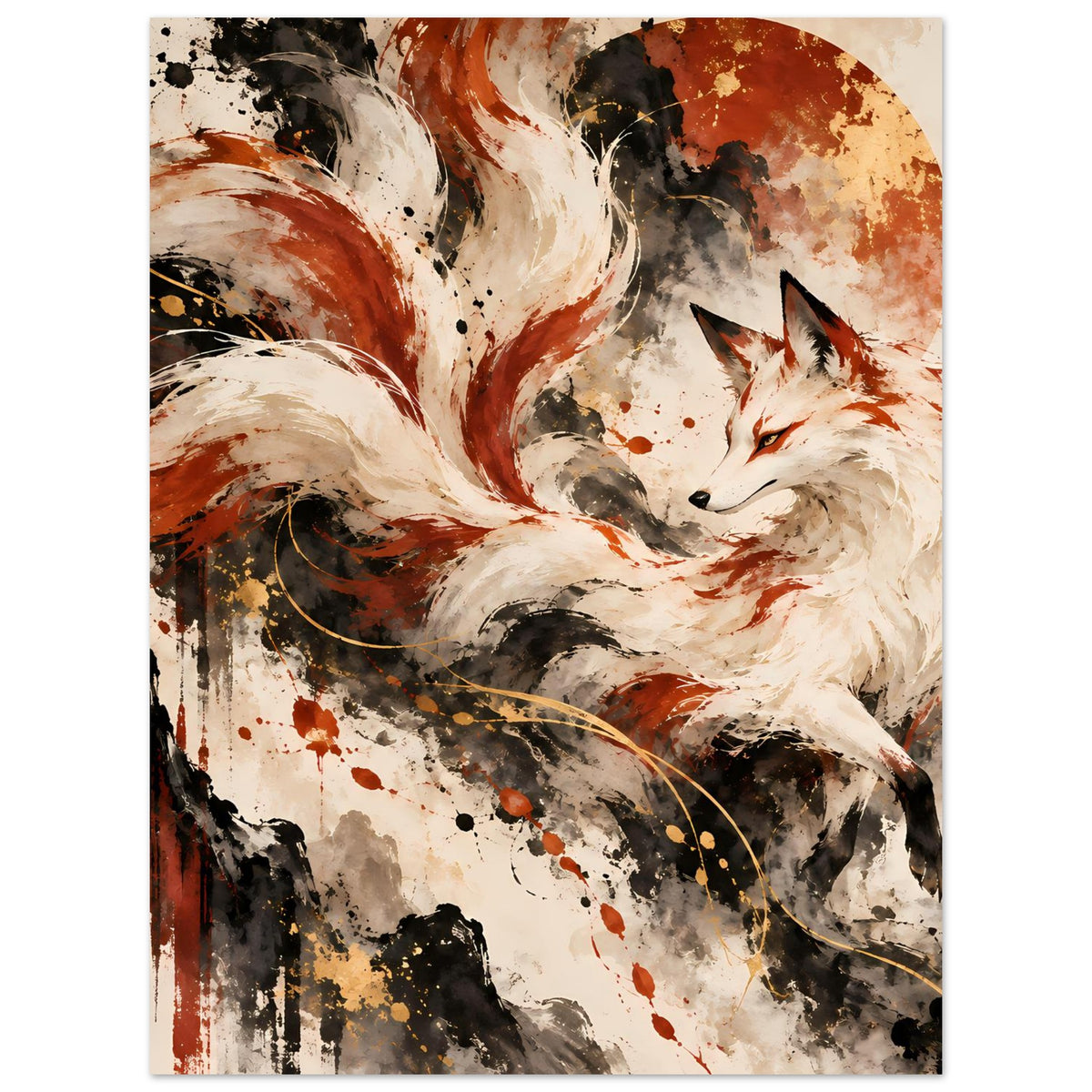 Fantasy-Poster mit Fuchsprofil und neun Schweifen, weißes Fell, orange-braune Akzente, Spritzer