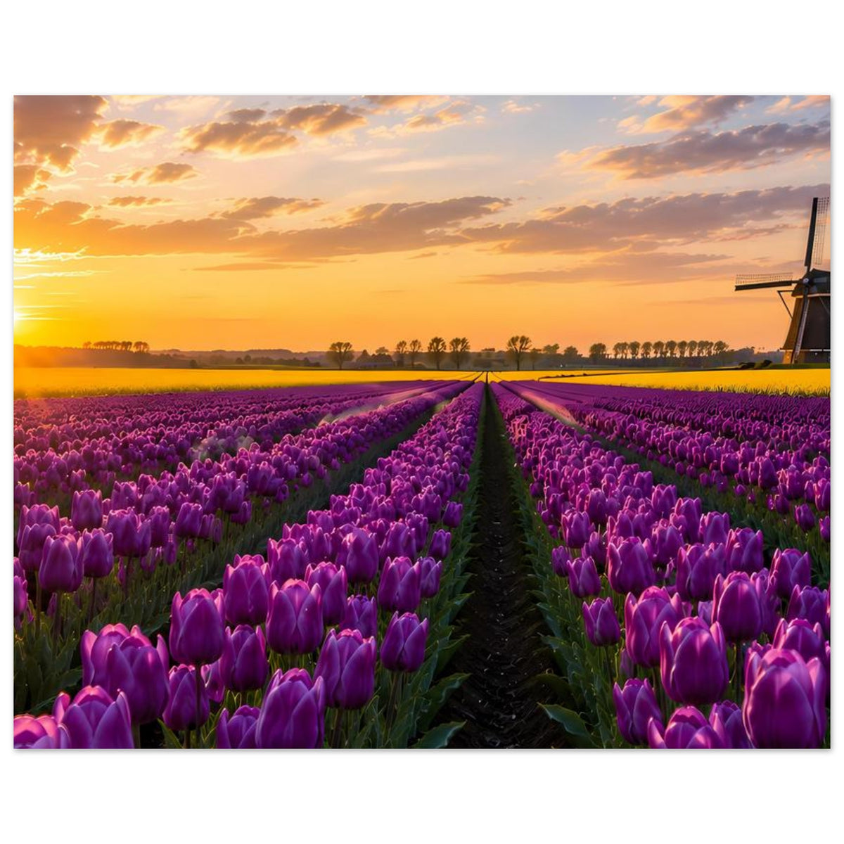Poster mit Tulpenreihen in Violett, zentralem Weg und Windmühle rechts im Abendlicht