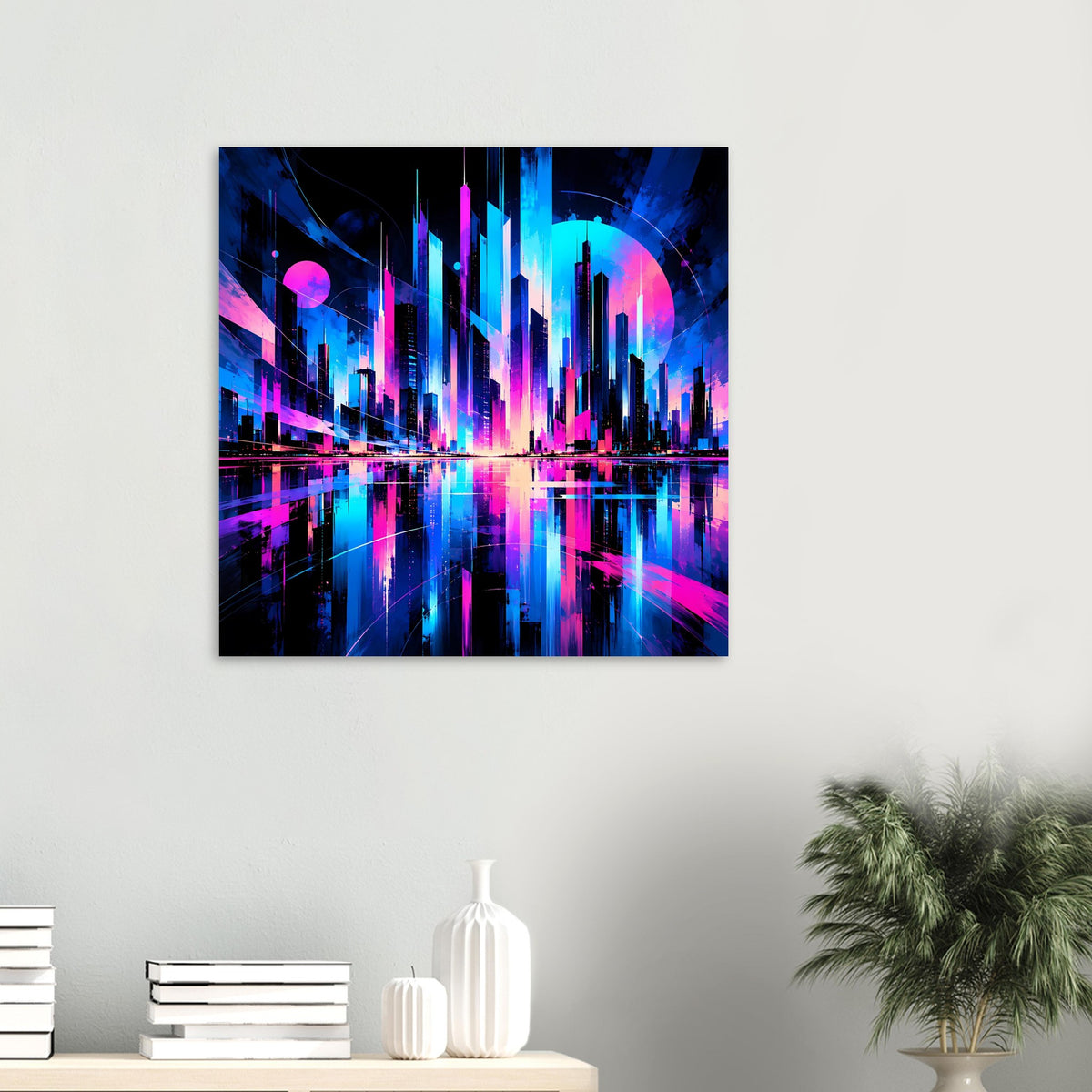 Kleines Neon-Stadtlandschafts-Poster, quadratisch, blaue und magenta leuchtende Gebäude