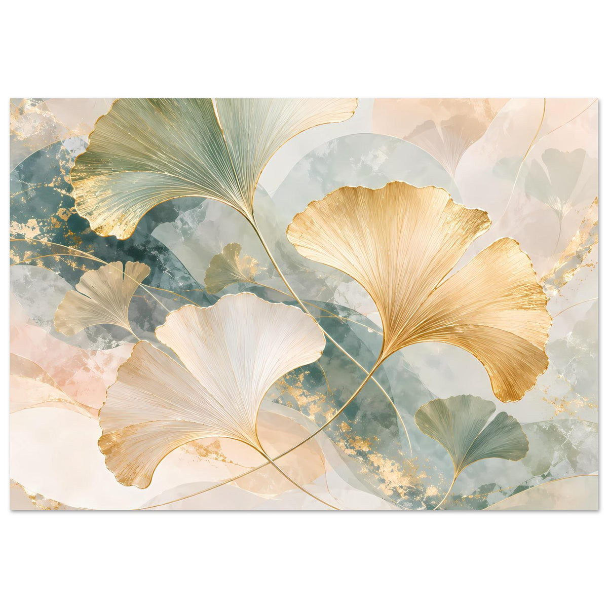 Poster mit Ginkgo-Blättern in Blaugrün und Goldakzenten, waagerechte Ansicht