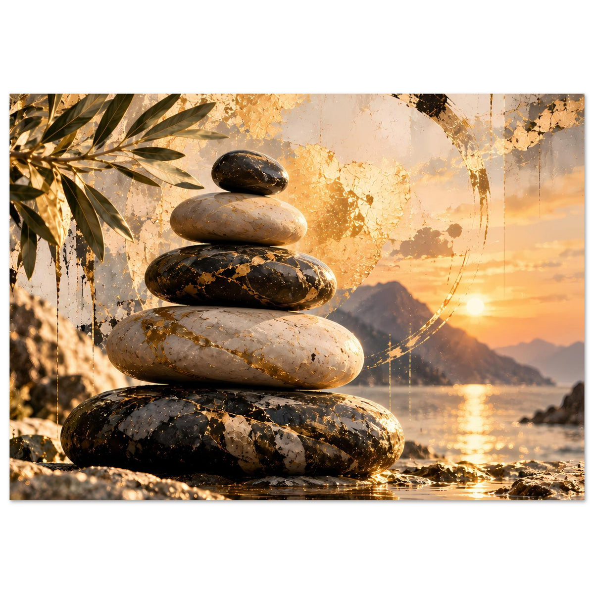 Zen-Poster mit gestapelten Steinen, Palmblättern links, Sonnenuntergang am See und Wasserreflexionen