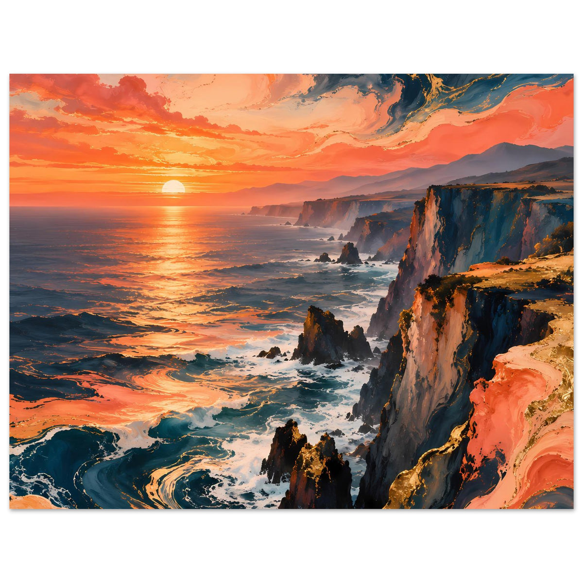 Hochformat-Poster: Sonnenuntergang über dem Meer mit Küstenklippen, Wellen und orangefarbenen Wolken