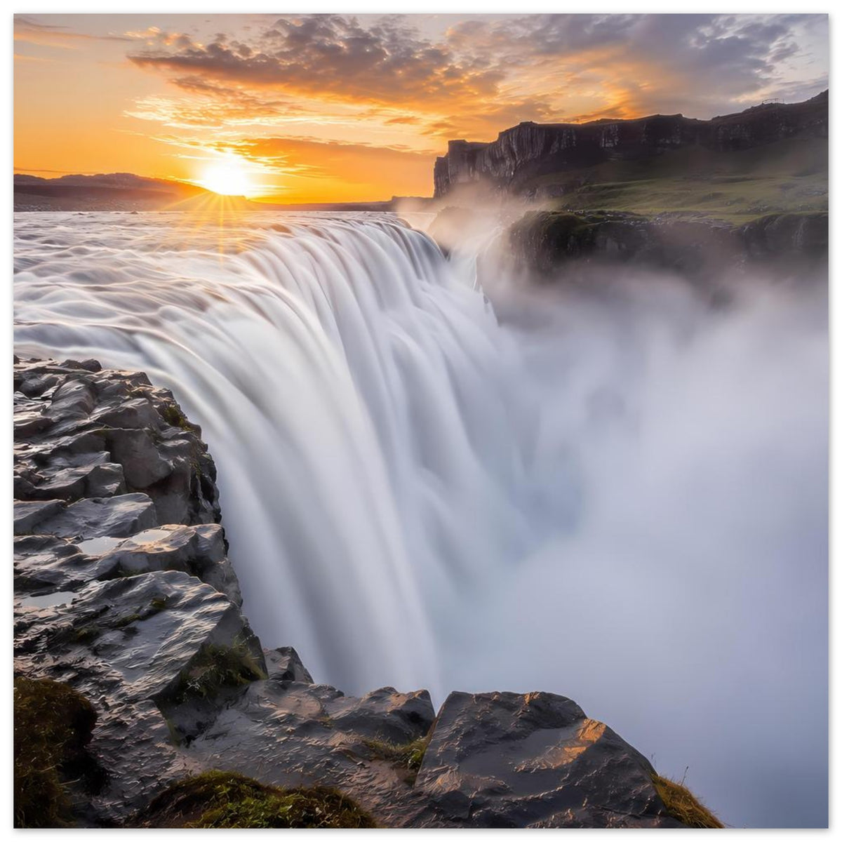 Poster im Querformat mit Wasserfall über Felsenküste, goldener Himmel, Nebelschwaden im Vordergrund