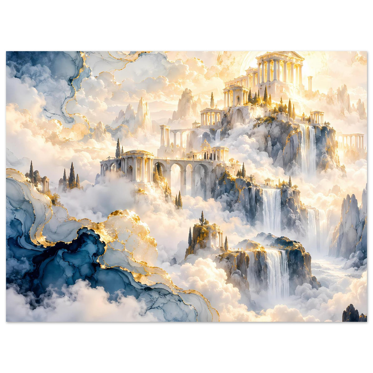 Horizontales Poster mit goldverzierten Gebäuden, Wasserfällen und dramatischer Wolkenlandschaft