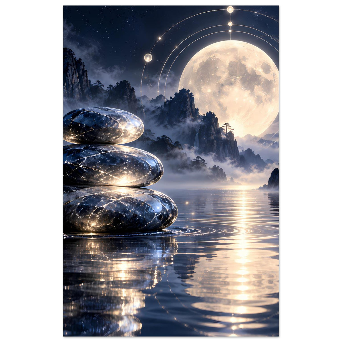 Vertikales Poster mit Zen-Steinen links, Vollmond rechts und Lichtkreisen über Wasser