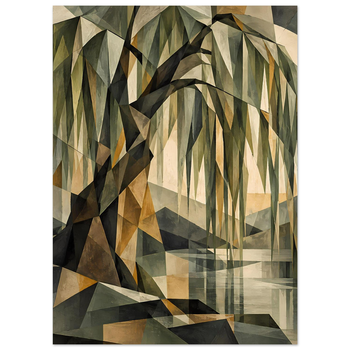 Poster mit geometrischem Weidenbaum, erdige Farbtöne, dunkle Konturen und dreieckige Flächen