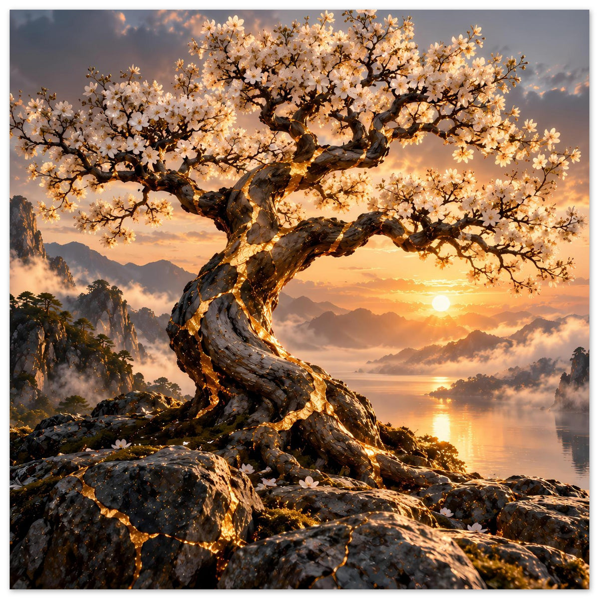 Kunstposter mit blühendem Baum und Felsen, goldener Sonnenuntergang über See