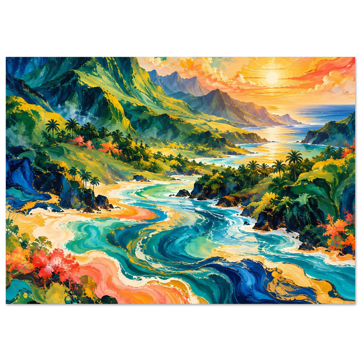 Posterdruck Querformat: tropische Flusslandschaft mit Palmen und orangefarbenem Sonnenuntergang