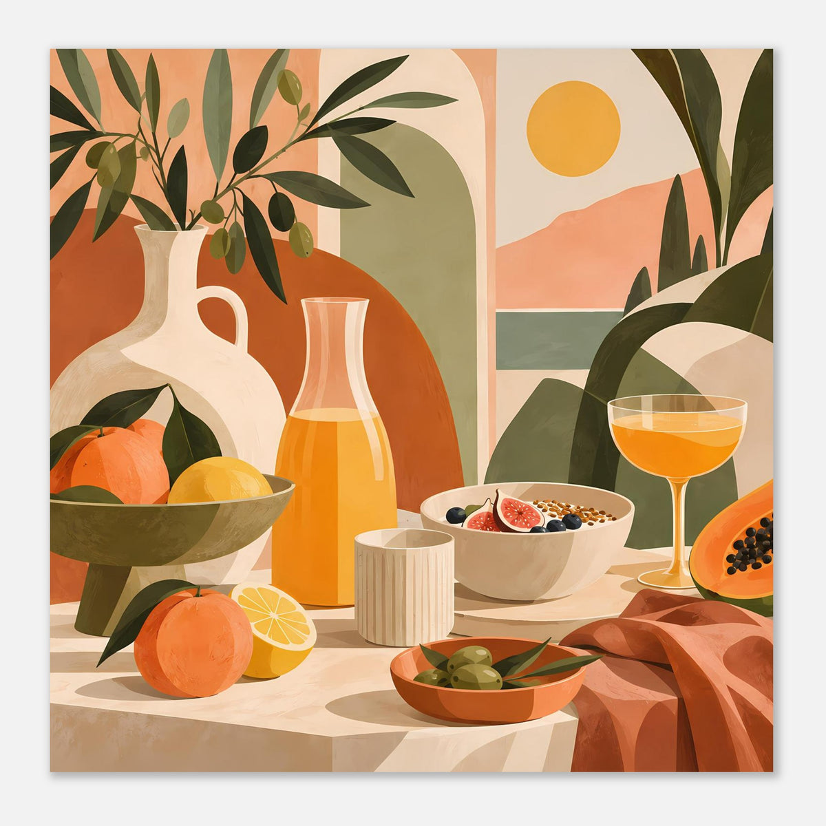 Buntes Küchen-Poster: Krug, Schüssel mit Früchten, Weinglas und Obst auf gemustertem Tisch