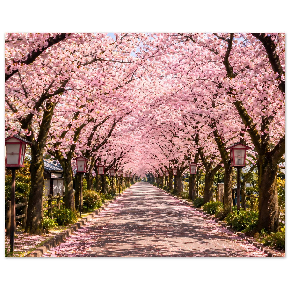 Kirschblütenposter: breite Ansicht der Allee mit rosa Blütenbäumen und Wegperspektive
