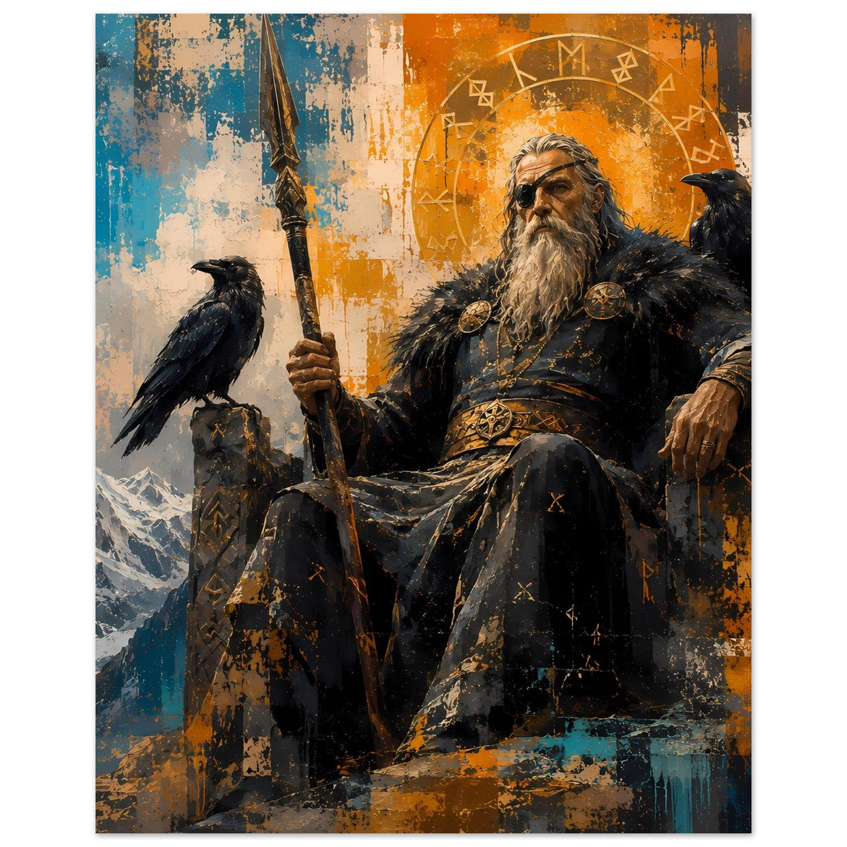 Poster im Hochformat: Wikinger-Gott mit langem Bart, Speer und Rabe, rundes Ornament