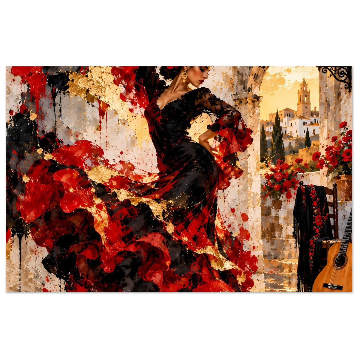 Horizontales Poster mit Flamenco-Tänzerin in Schwarz-Rot, Rock im Flug, Profilansicht