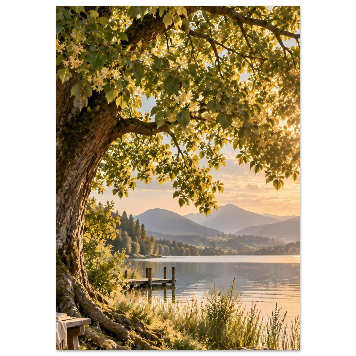 Naturposter mit Baumstamm, gelbem Laub, See und Holzsteg im goldenen Abendlicht