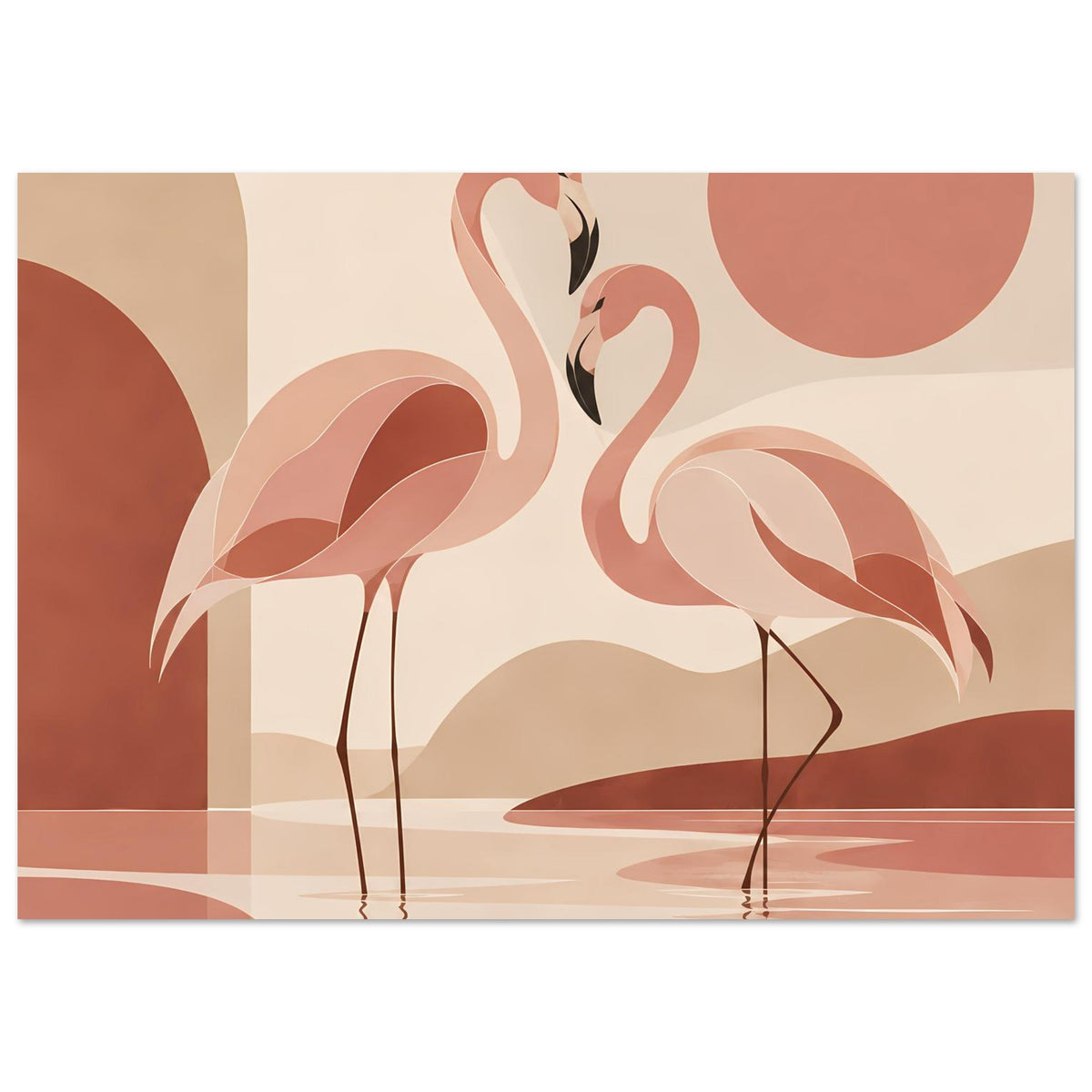 Naturposter mit zwei Flamingos, detaillierte Darstellung von Körpern und Spiegelung