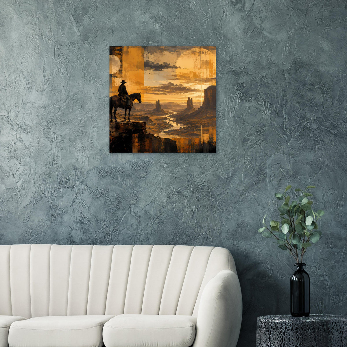 Western-Sunset-Poster mit Reiter auf Pferd auf Felsvorsprung, Sonnenuntergang, schwarzer Rahmen