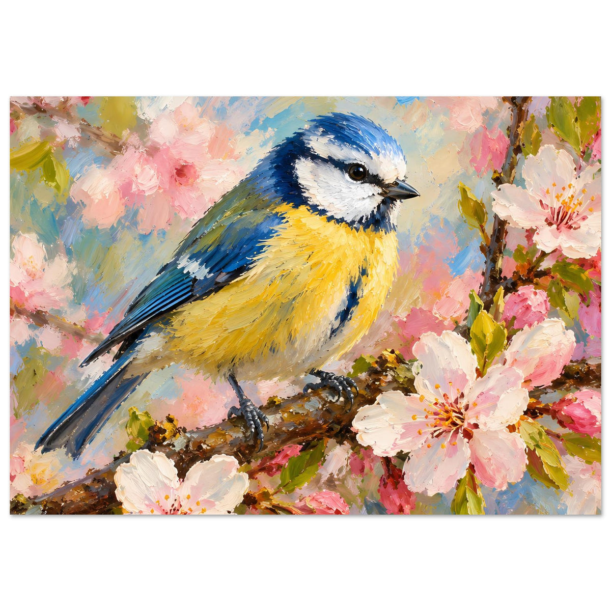 Vogelpocster im Querformat: blauer und gelber Vogel auf Ast mit rosa Blüten