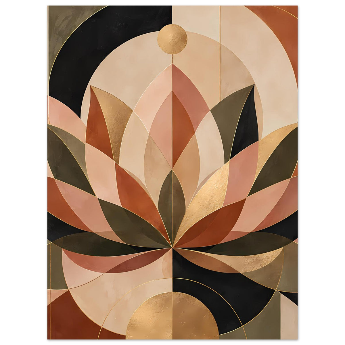 Poster mit geometrischer Lotusblüte in warmen Erdtönen und goldfarbener Aufhängung