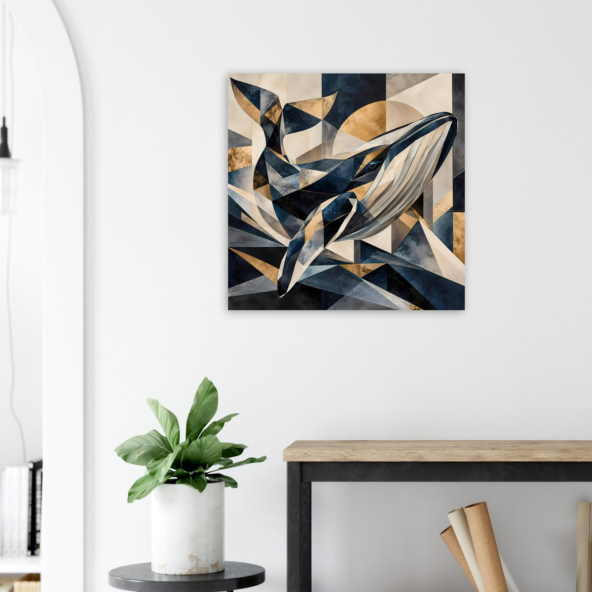 Gerahmtes Poster mit geometrischem Walmotiv in Dunkelblau, Gold und Creme