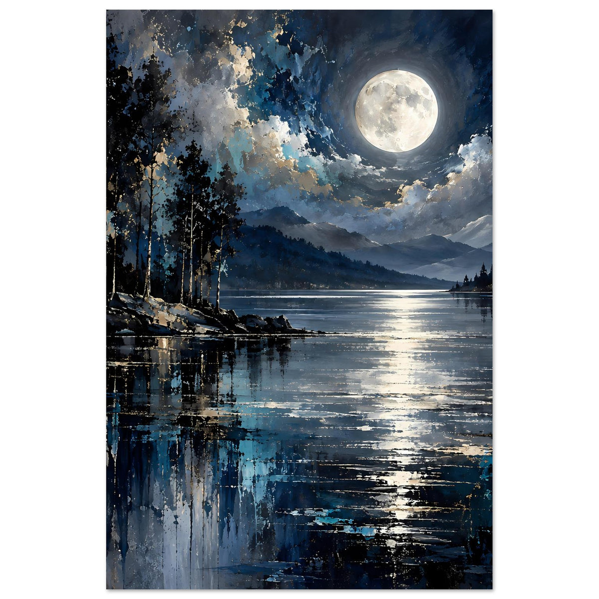 Landschaftsposter, vertikal: Mond über ruhigem See, Bergkamm und Tannen am rechten Ufer.