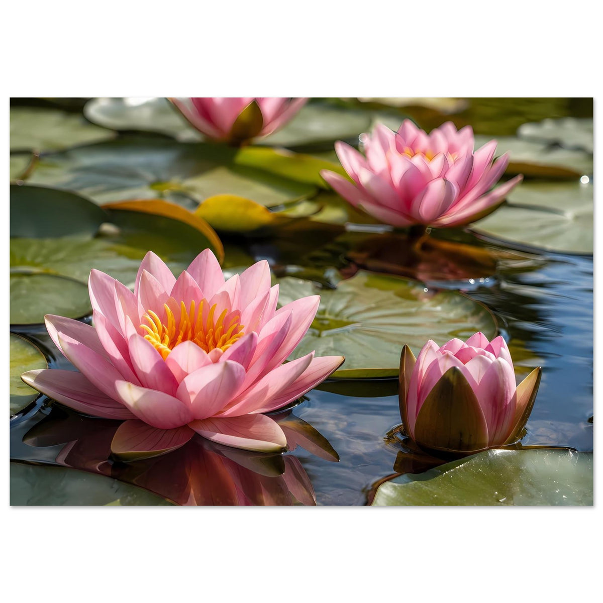 Poster mit rosa Seerosen, grünen Blättern und spiegelnden Wasserflächen