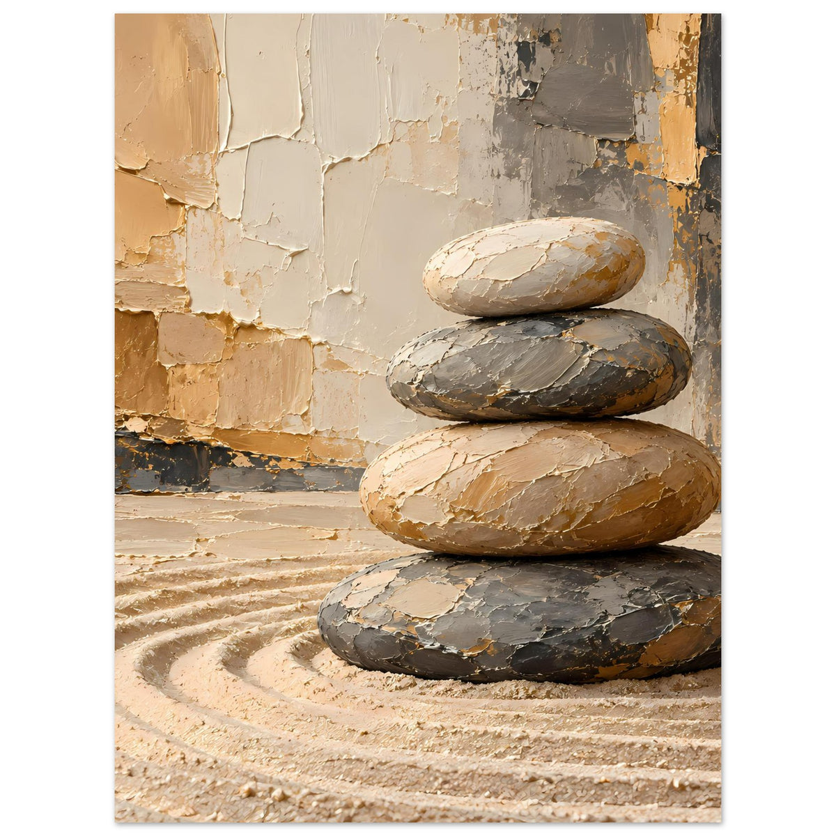 Kunstposter: drei übereinanderliegende Steine, Sand mit Kreislinien, warmes Mauerwerk