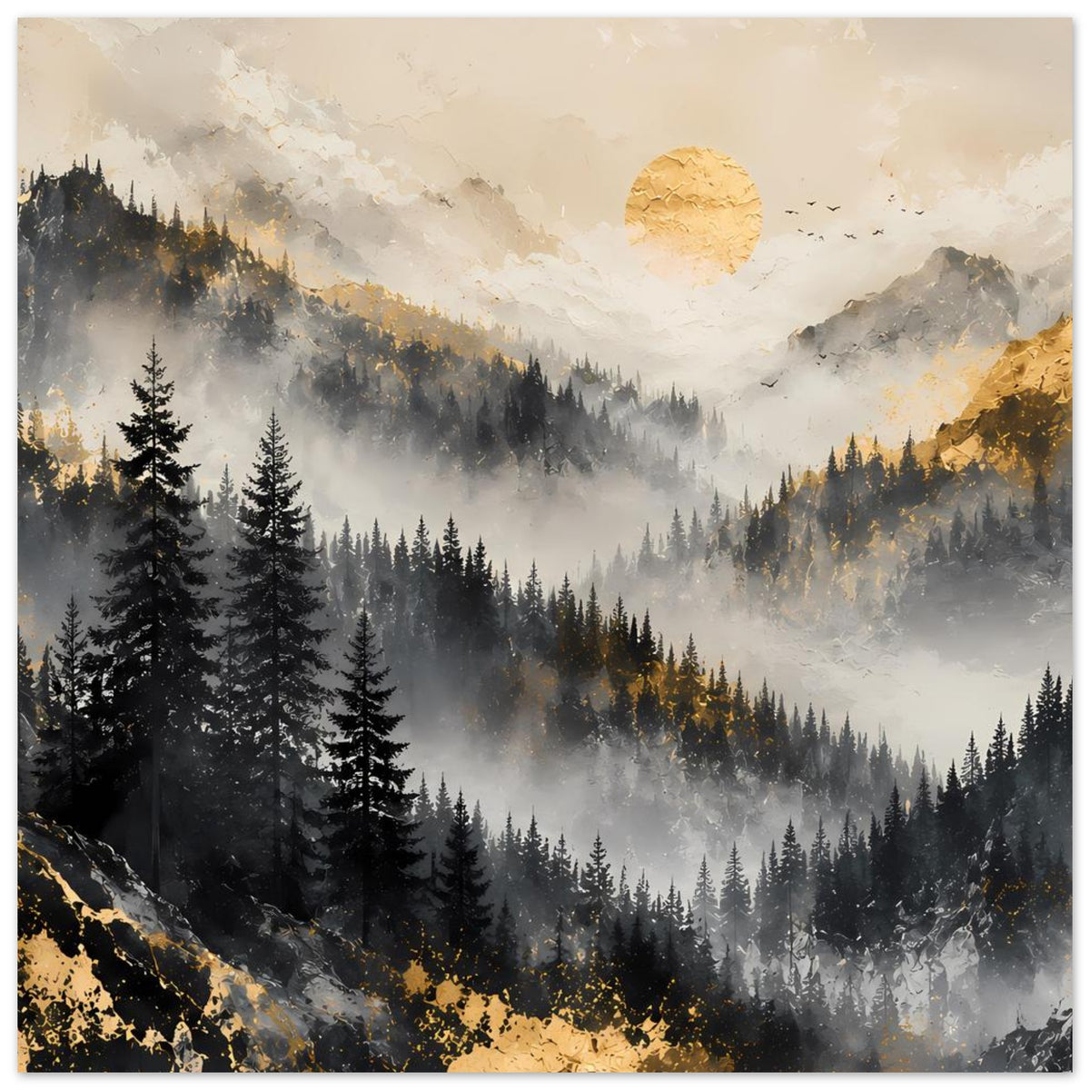 Berglandschaftsposter: bewaldete Berge, feiner Nebel und goldene Sonne über der Landschaft