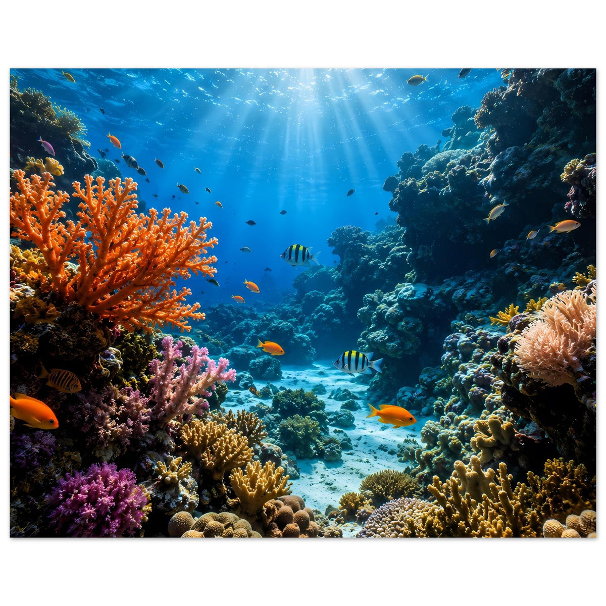 Unterwasser-Poster mit Korallenriff, dichtem Korallenbewuchs und kleinen Fischen im blauen Wasser