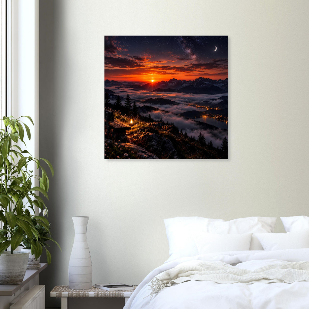 Landschaftsposter mit Sonnenuntergang, Bergen und Tal mit See bei Nachtstimmung
