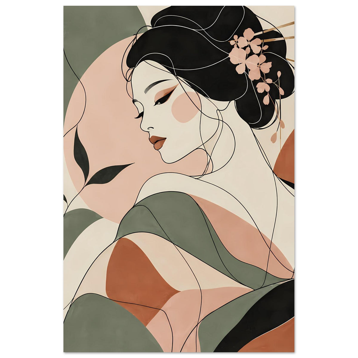 Gerahmtes Zen-Poster, Geisha halb abgebildet, schwarzes Haar mit rosa Blumen, grüne Gewandpartie
