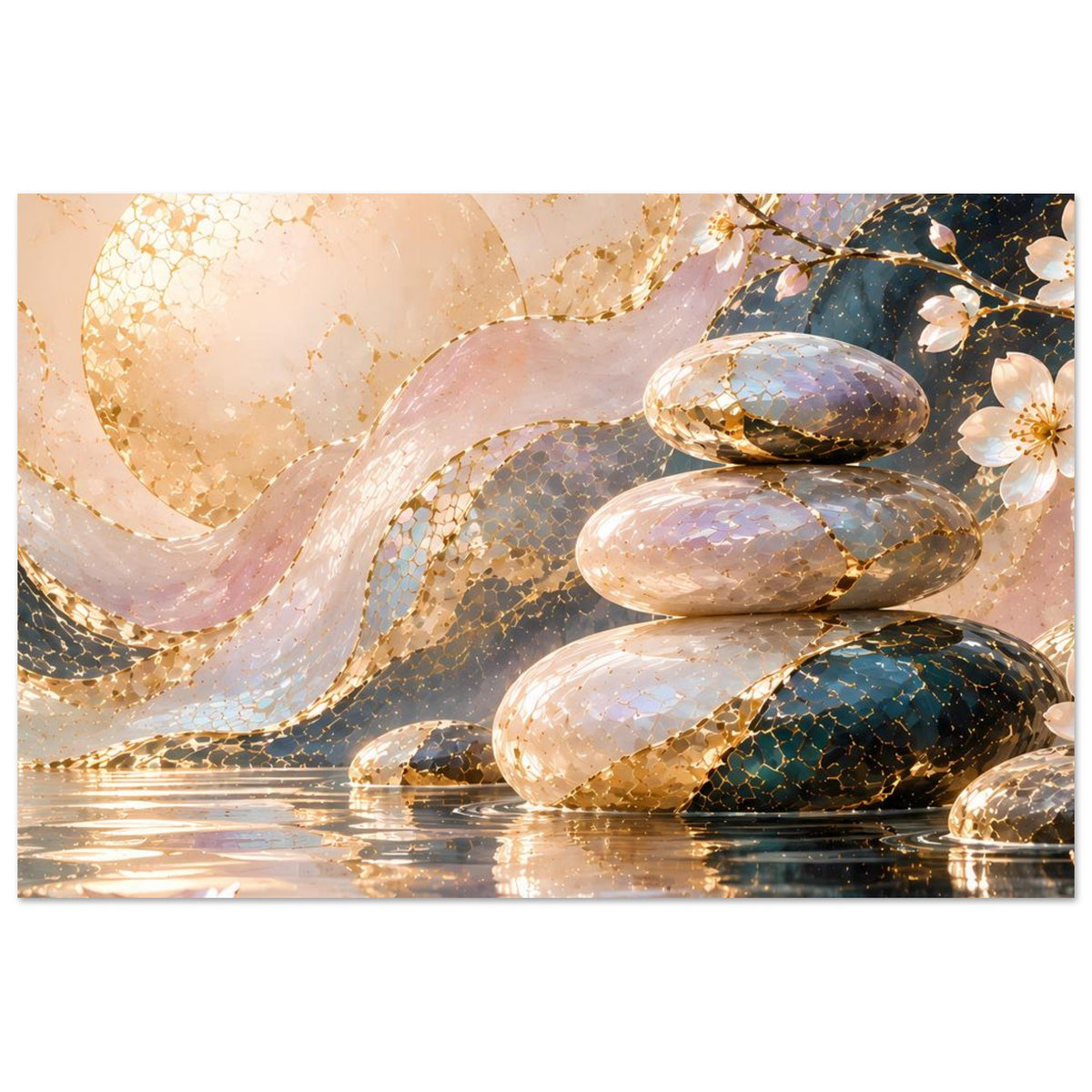 Zen-Motivposter: balancierte Steine im Wasser, goldene Glanzlichter, Blüten und Bokeh-Licht