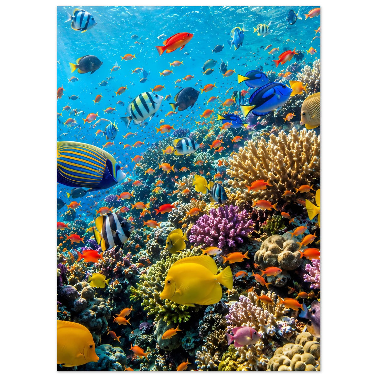 Poster mit Korallenriff-Szene und vielen tropischen Fischen, vertikal
