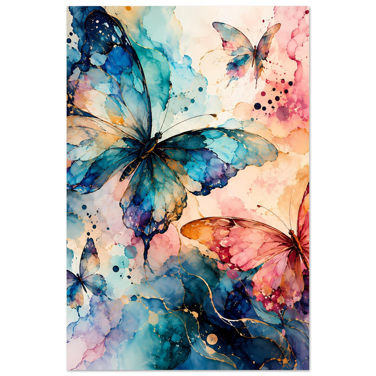 Aquarell-Schmetterlingsposter mit blauem und rosafarbenem Flattermotiv, aquarellartige Flecken
