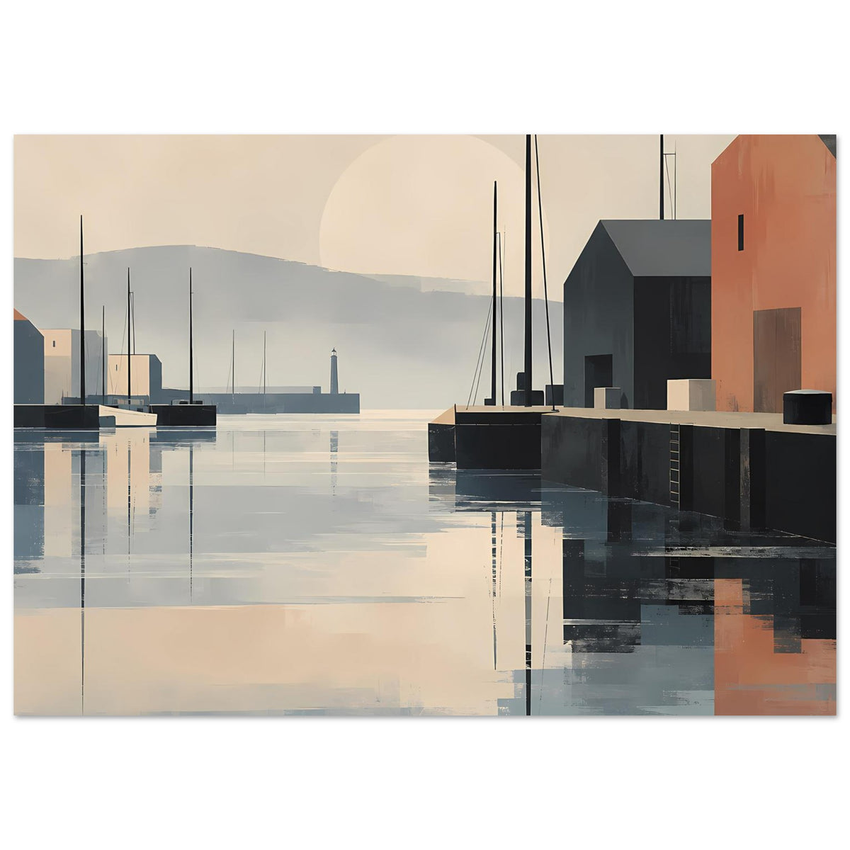 Hafen-Sunset-Poster, abstrahierte Hafenansicht mit Spiegelung, Bootsmasten und orangefarbenem Bau.