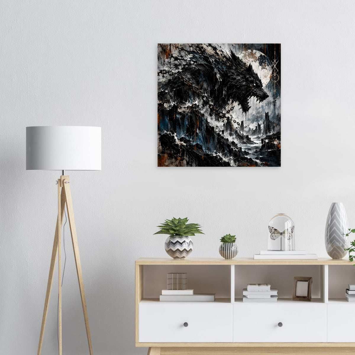 Quadratisches gerahmtes Wolfsposter mit dunklem Wolf und wolkiger Kulisse, Schwarz-Blau-Grau