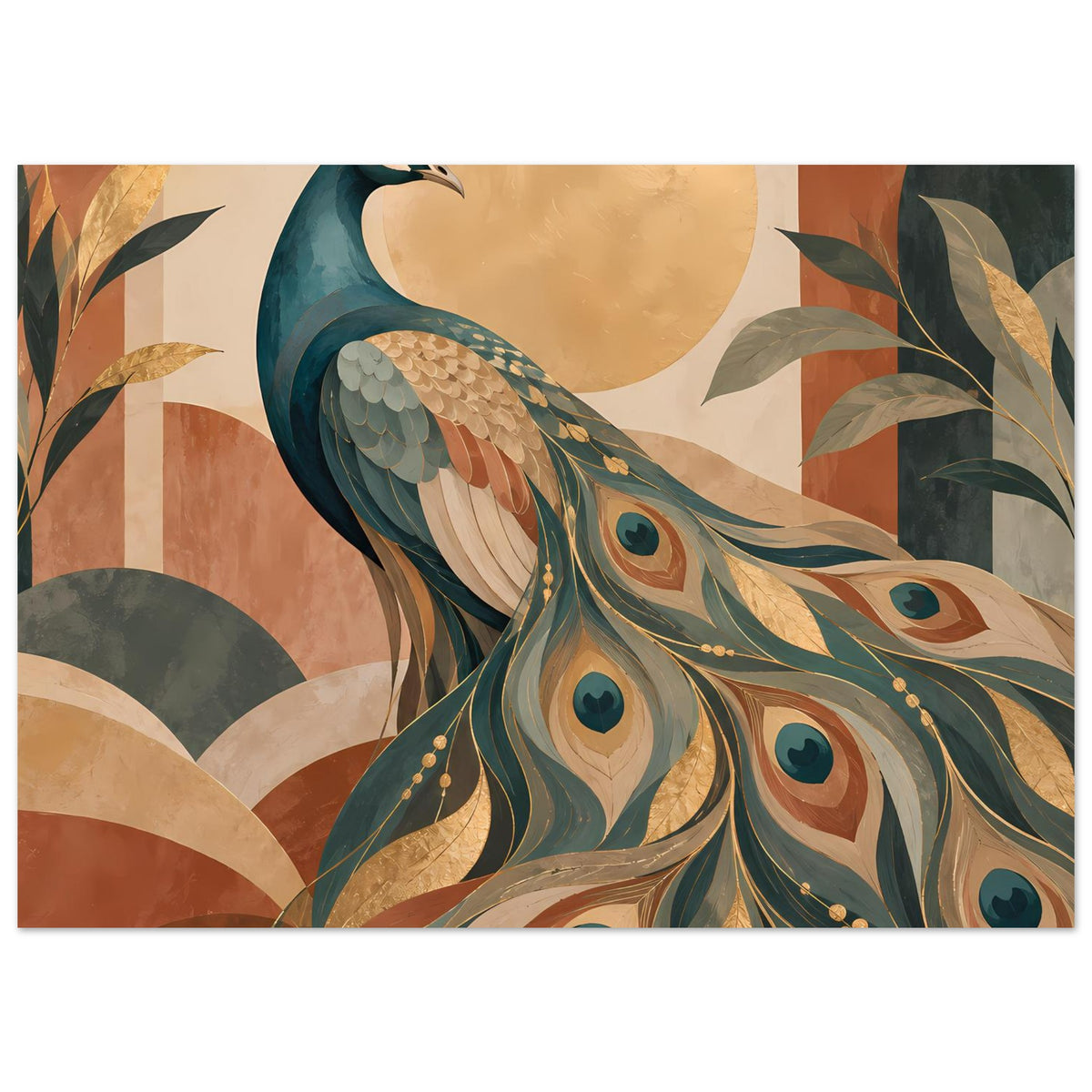 Pfau-Poster im Querformat mit Pfau und Fächerfedern in warmen Erdtönen, goldene Akzente