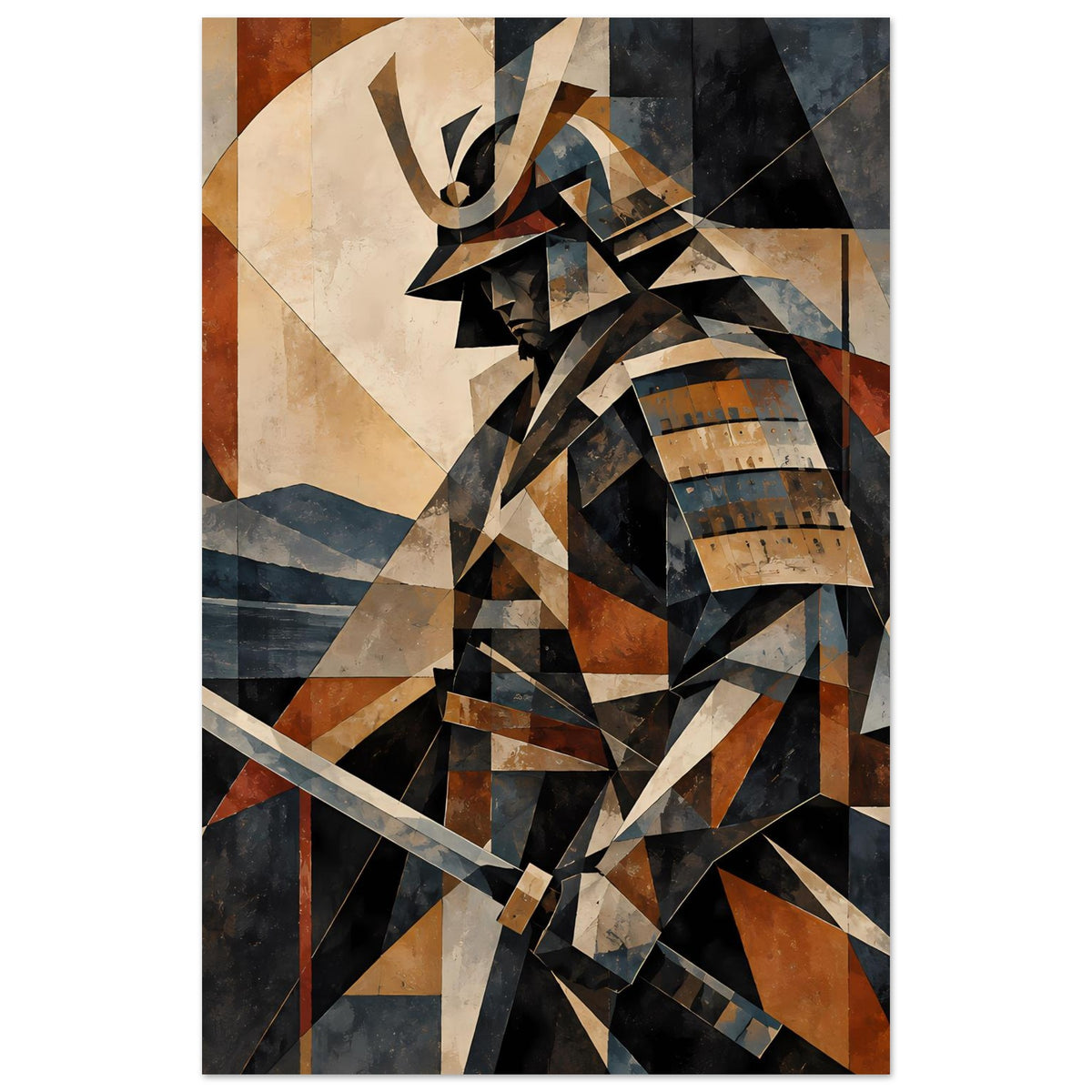 Poster mit geometrischem Samurai-Krieger in dunklem Blau, Braun und Beige, zentriert