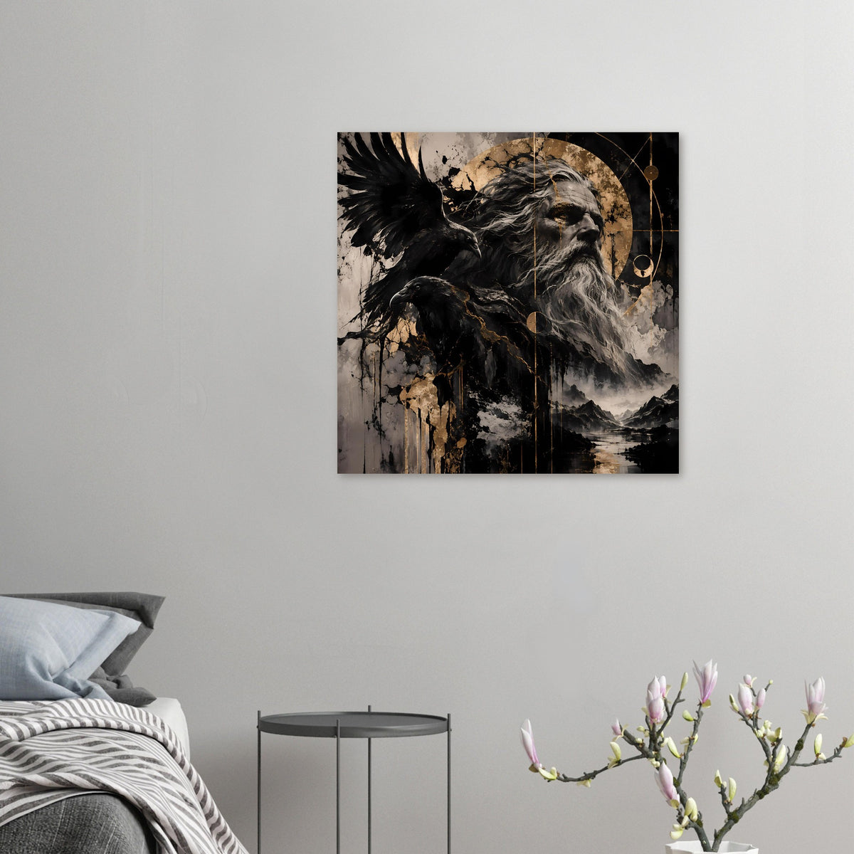 Kleines Poster mit bartigem Gott, Rabe und Goldkreis, Schwarz-Grau-Gold, matt