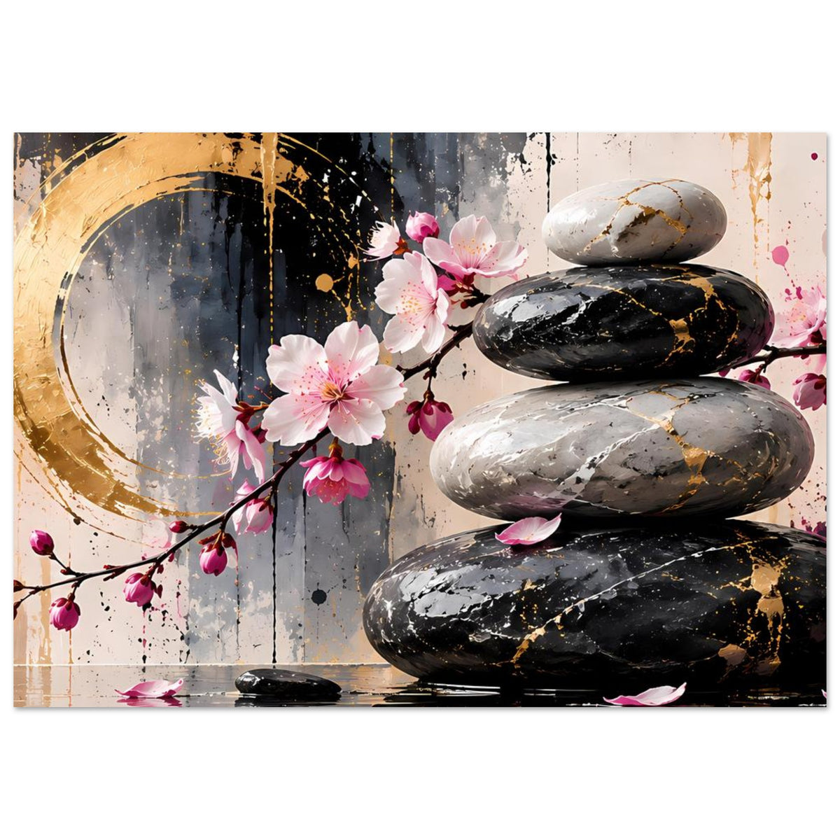 Wandposter mit Zen-Felsenstapel, Kirschblütenzweig und goldfarbenen Akzenten