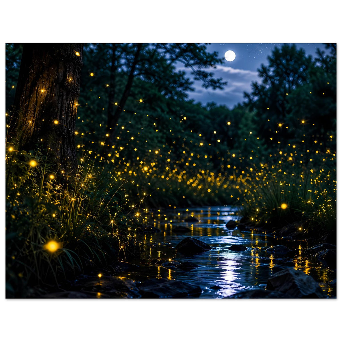 Leuchtposter (hochkant) mit Glühwürmchen über Bachlauf bei Nacht und Mond am Himmel