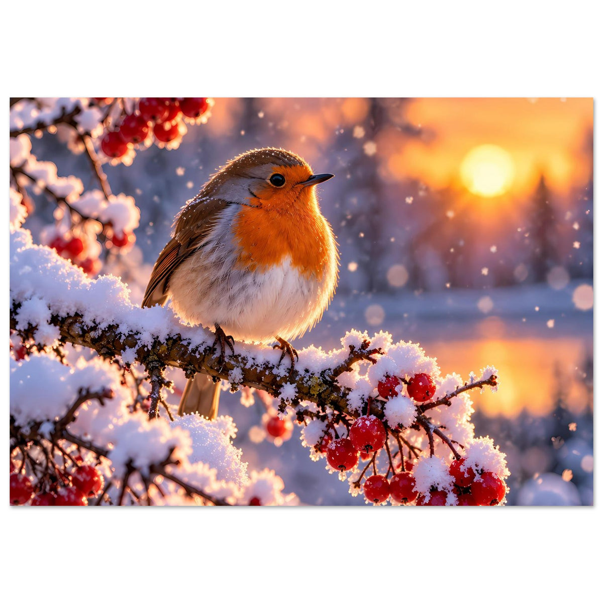 Querformat-Poster: Rotkehlchen zwischen schneebedeckten Ästen mit roten Beeren.