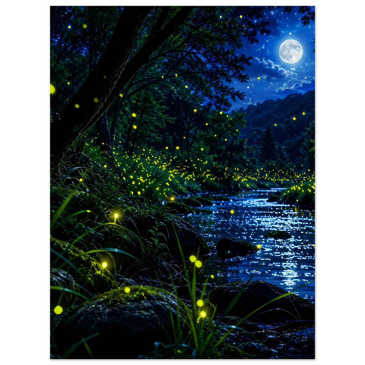 Poster mit Waldweg am Flussufer, Vollmond und leuchtende Glühwürmchen im Dunkeln
