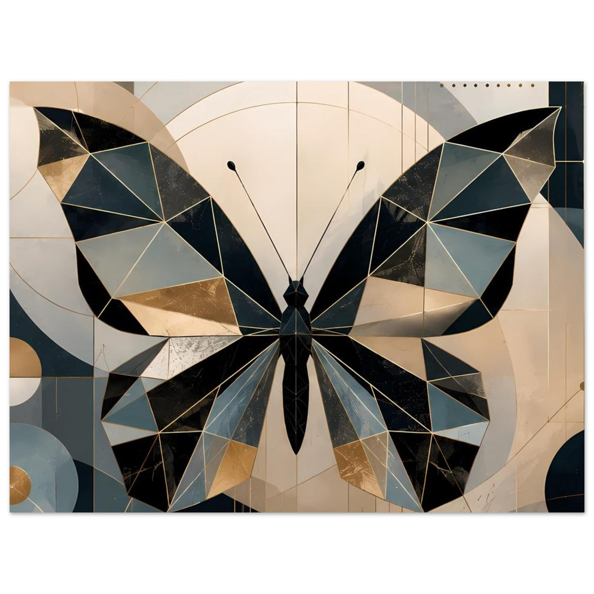 Poster mit geometrischem Schmetterling, petrolblaue und goldene Dreiecke, zentriert